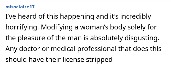 Comment expressing outrage at the "husband stitch," calling it dehumanizing and advocating for consequences for medical professionals.