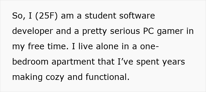 Text about a woman, 25, student software developer and gamer, living alone, making her one-bedroom apartment cozy and functional.