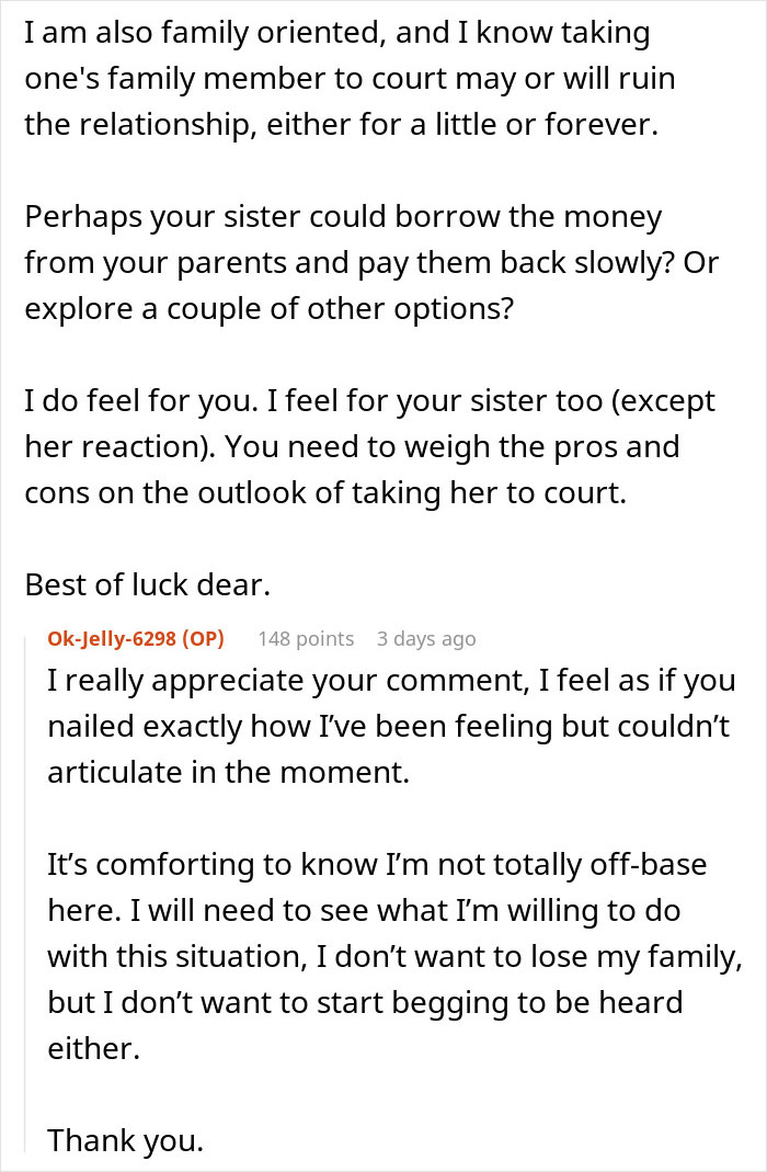Reddit comment discussing sister and nephew family drama over $2,000 damages.