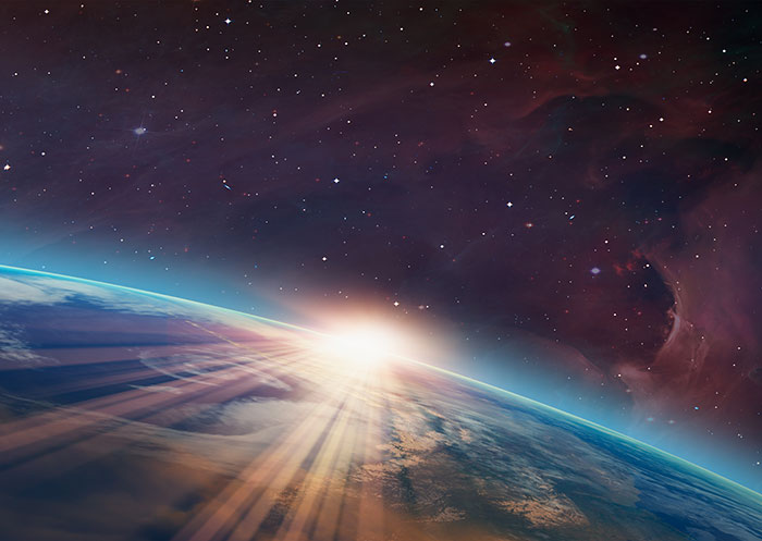 View of outer space with Earth in foreground, hints at possible alien life detection on distant planet. View of outer space with Earth in foreground, hints at possible alien life detection on distant planet.