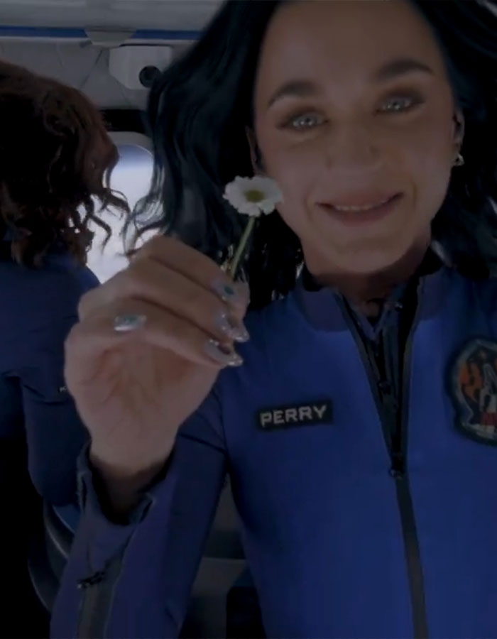 A person in a blue space suit holding a small flower inside a spacecraft. A person in a blue space suit holding a small flower inside a spacecraft.