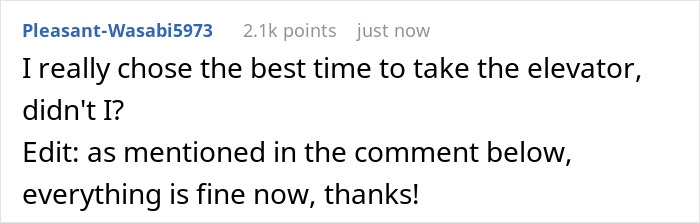 Screenshot of a Reddit comment joking about timing an elevator ride during a major blackout affecting 50M Europeans.