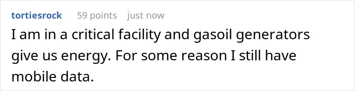 User comment about critical facility using gasoil generators for energy during blackout, highlighting impact on European blackout consequences.