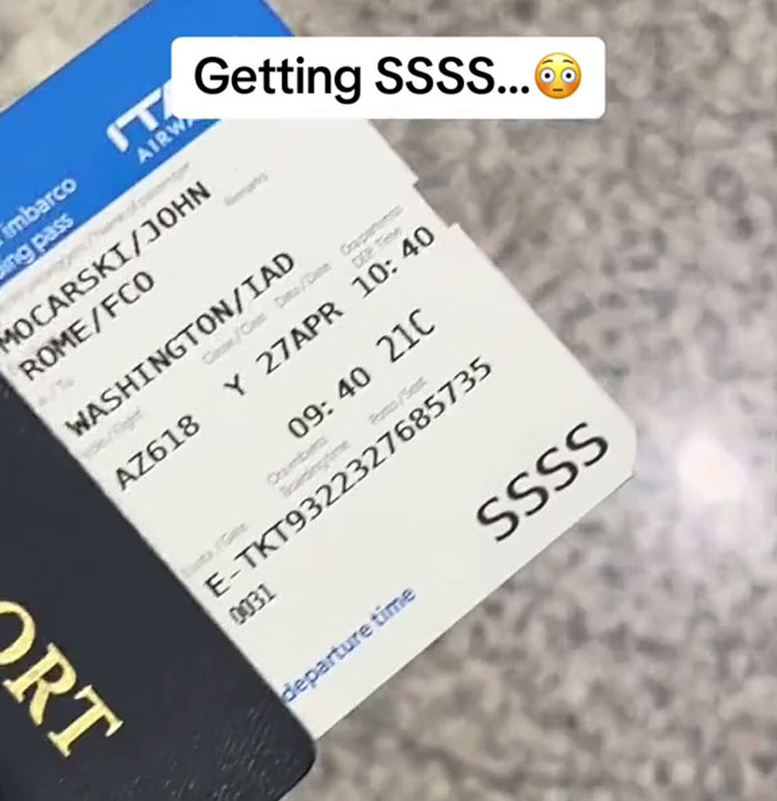 Plane ticket showing SSSS code, indicating a potentially complicated flight experience. Plane ticket showing SSSS code, indicating a potentially complicated flight experience.