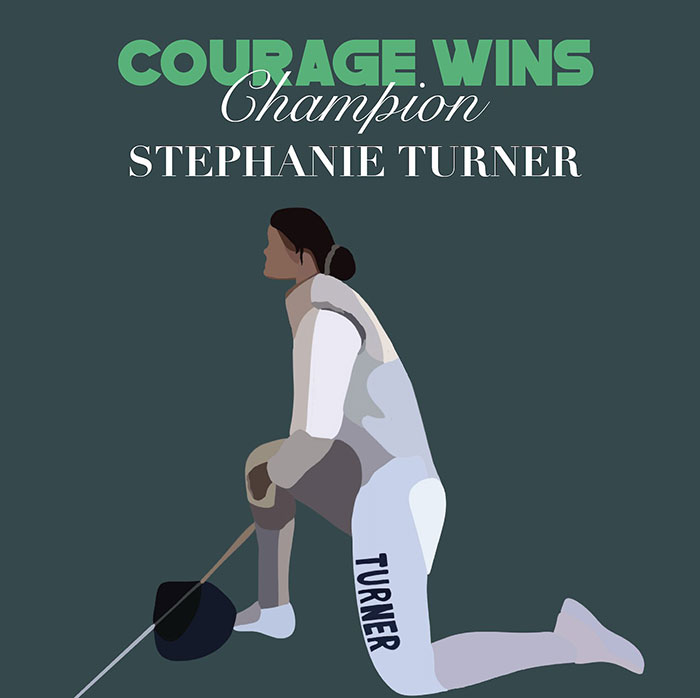 Illustration of a trans athlete kneeling in fencing gear with "Courage Wins" above.