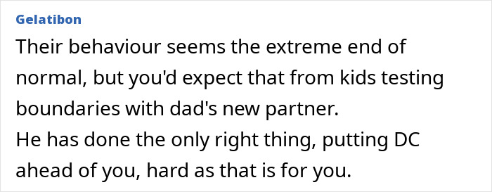 Text comment about stepmom dealing with stepkids' behavior and dad's reaction, posted by user Gelatibon.