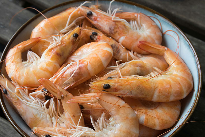 A bowl of cooked shrimp, arranged closely, showcasing their pink and orange hues.