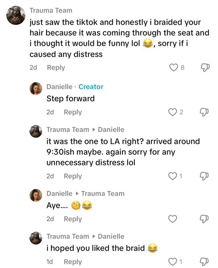 Flight hair braiding incident discussed in viral comments exchange, highlighting reactions and apologies.