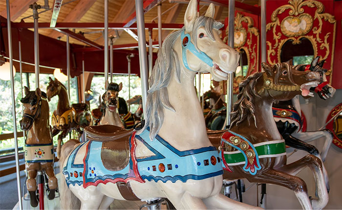 Carousel horses with ornate designs, illustrating crazy coincidences with their vivid colors and intricate details.
