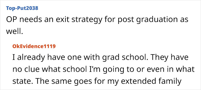 Text exchange about post-graduation plans and keeping extended family uninformed. Text exchange about post-graduation plans and keeping extended family uninformed.