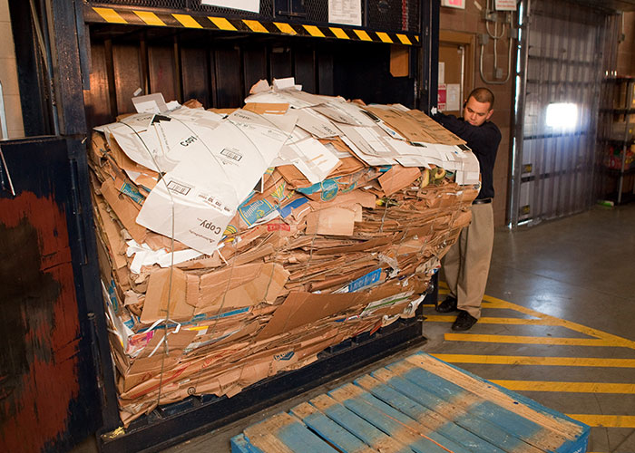 Man next to overloaded cardboard baler despite warnings, demonstrating a common mistake.