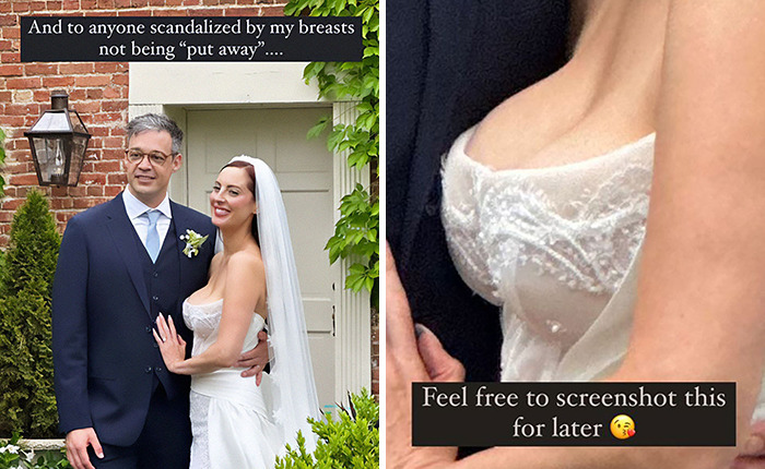 Bride with man outdoors, a close-up of her cleavage, addresses reactions to her revealing dress.