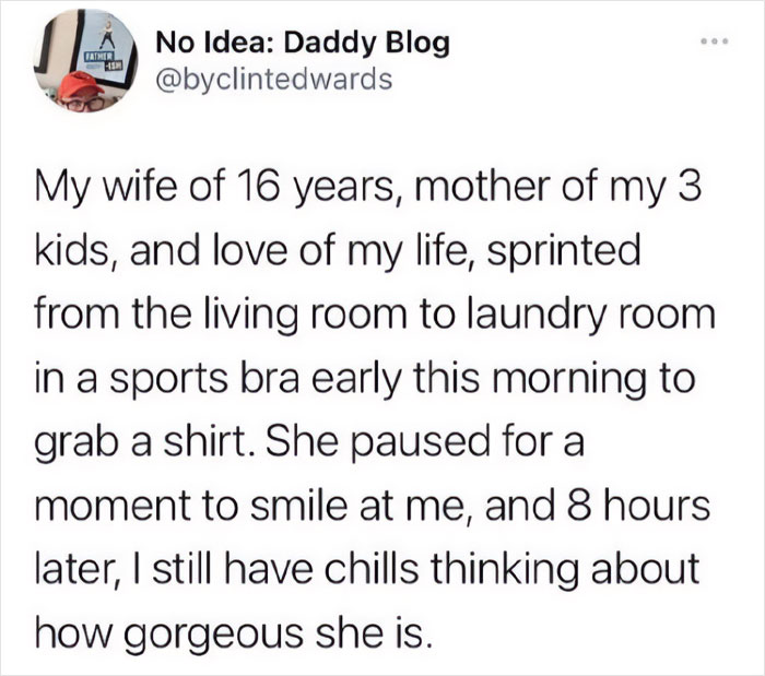A tweet about love and admiration for a spouse, highlighting a touching moment in daily life.