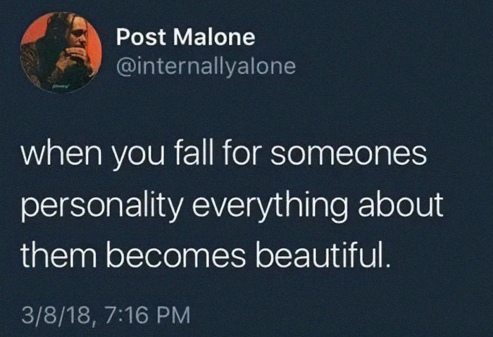 A tweet about love, mentioning falling for someone's personality and how everything becomes beautiful.