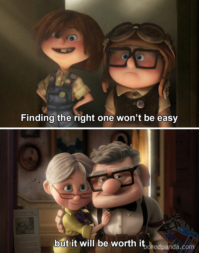 Animated couple showing love memes; young and old versions with captions about finding the right one.