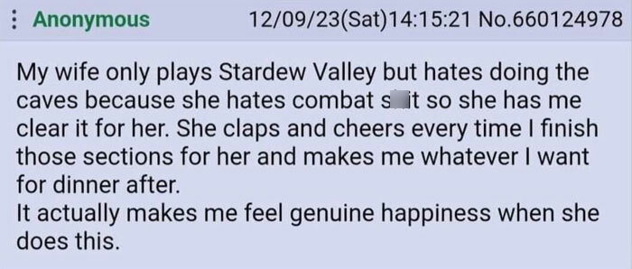 Text meme about love, featuring a husband helping his wife in Stardew Valley and feeling genuine happiness.
