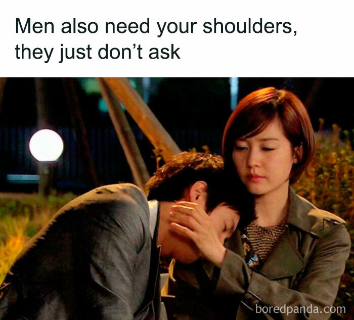 Couple sharing a tender moment, with man resting on woman's shoulder, expressing love and comfort in a meme.