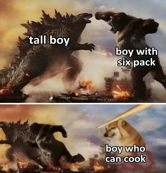Epic love meme showing a monster battle: "tall boy" vs "boy with six pack," interrupted by "boy who can cook" wielding a bat.