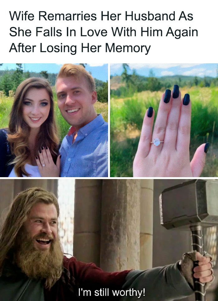 Couple smiling; woman shows engagement ring. Caption: "Wife remarries husband after memory loss." Meme about love.