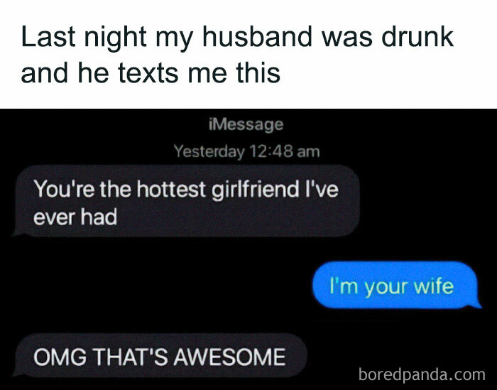 Text exchange meme about love with a humorous message from a husband mistaking his wife for a girlfriend.