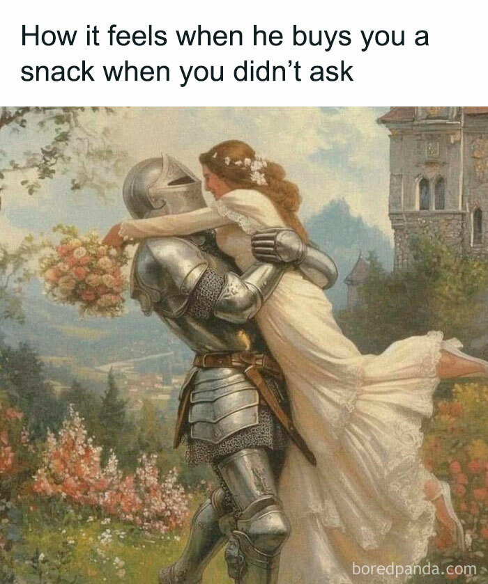 Knight lifting a bride in a field, symbolizing love and unexpected gestures.