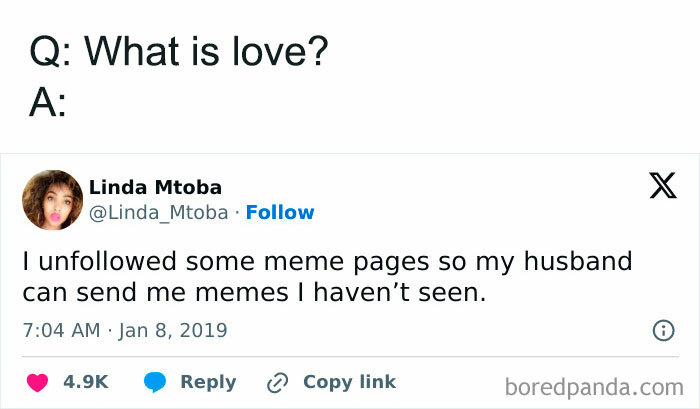 Tweet about love memes, highlighting unfollowing meme pages for fresh memes from a spouse.