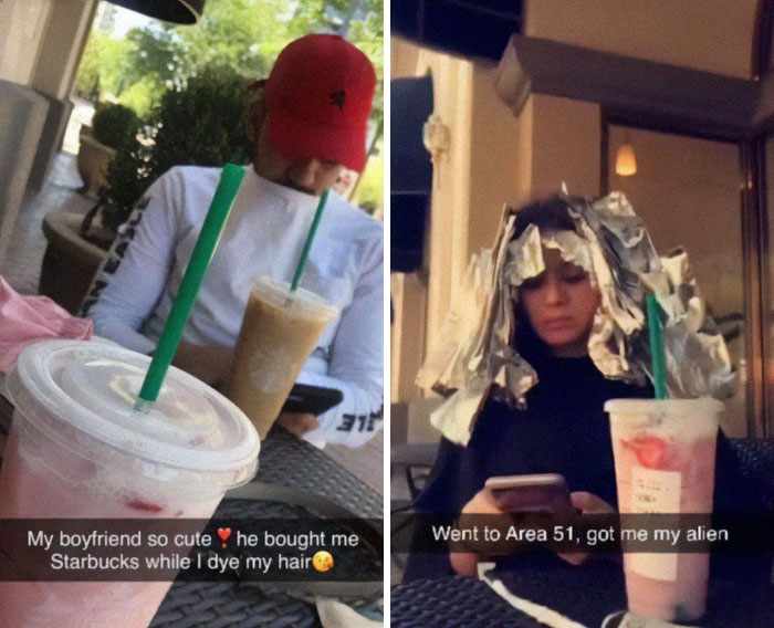 Two funny love memes featuring a couple with Starbucks drinks: one with a red hat, the other with foil in hair.