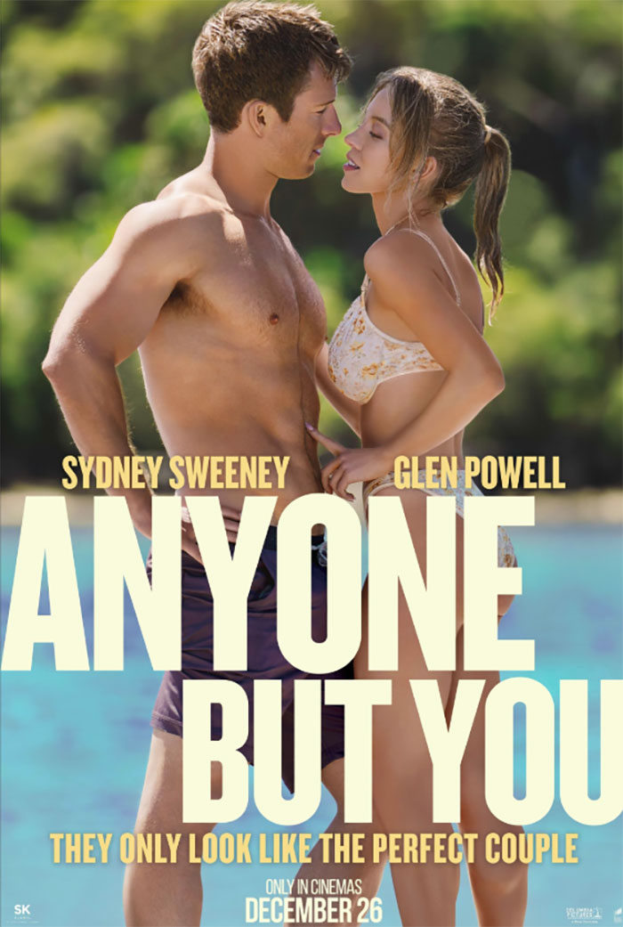 Sydney Sweeney and Glen Powell in swimwear embrace for "Anyone But You" movie poster.