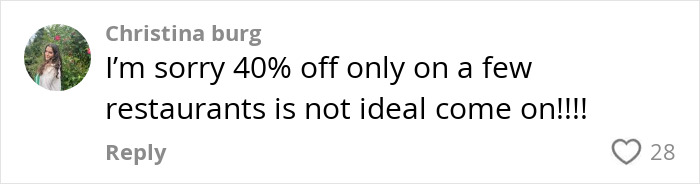 Comment discussing Disney discounts with user expressing dissatisfaction about limited restaurant deals.
