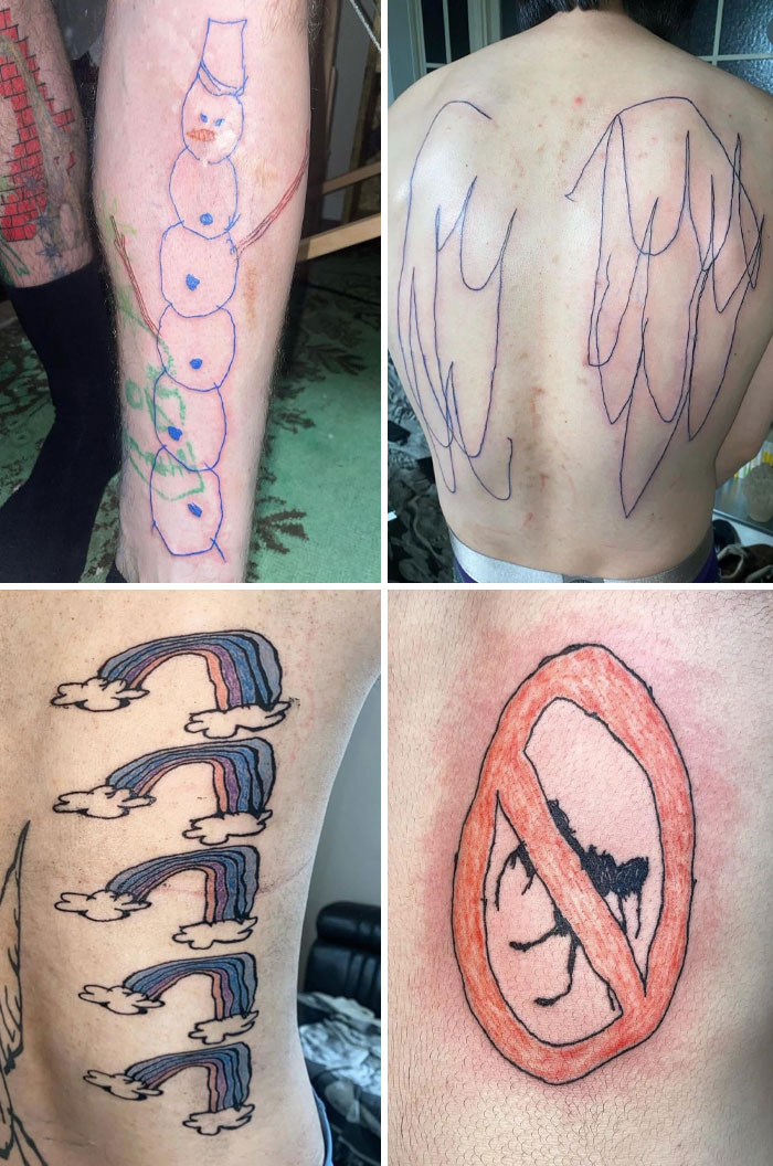 Collage of wild tattoo fails including a childlike snowman, abstract back scribbles, rainbow rows, and a crossed-out insect.
