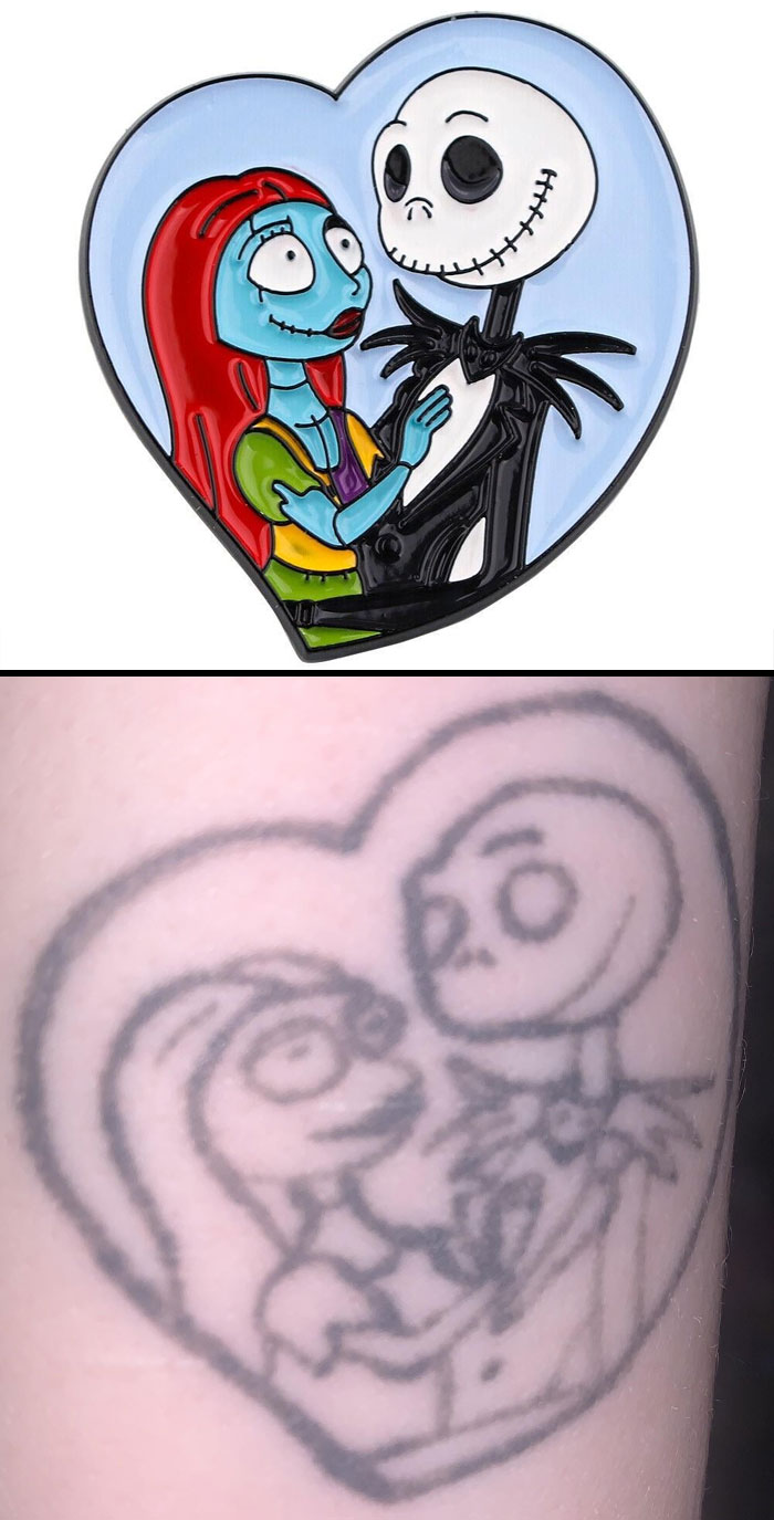 Comparison of a wild tattoo fail showing a poorly inked version of a cartoon couple inside a heart shape.