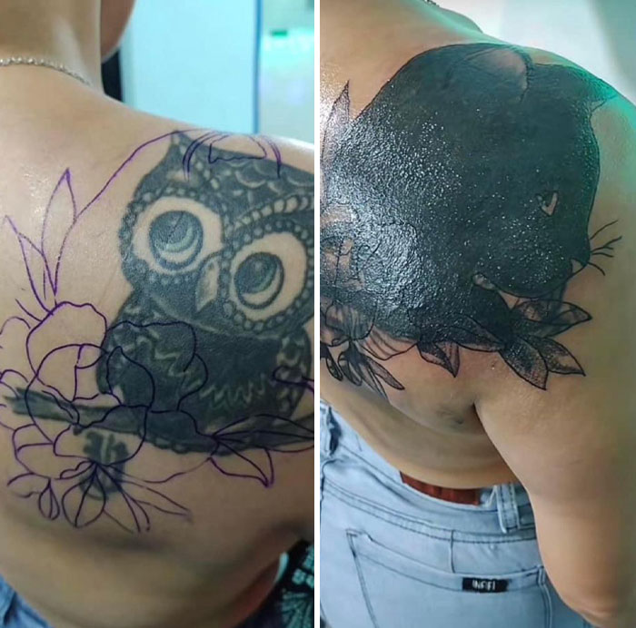 Black owl tattoo on shoulder with floral outlines covered by solid black cat tattoo, showcasing wild tattoo fails on skin.