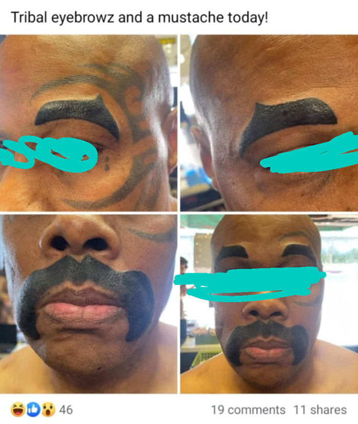 Man with bold tribal style tattoo eyebrows and a matching mustache, showcasing one of the wild tattoo fails.