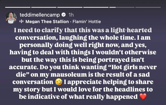 Teddi Mellencamp discusses funeral planning humor amid cancer battle, clarifies media portrayal.