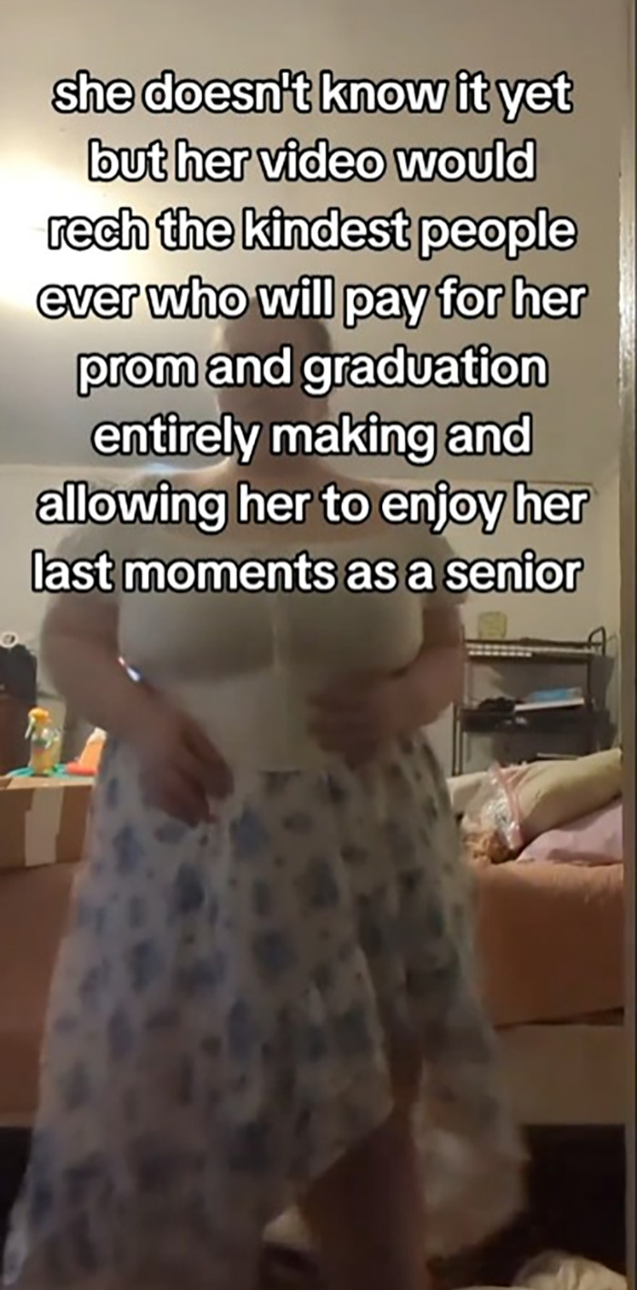 Teen in floral prom dress, going viral; caption about kindness and support for her prom and graduation. Teen in floral prom dress, going viral; caption about kindness and support for her prom and graduation.
