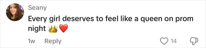 Comment supporting viral prom dress story with a crown and heart emoji. Comment supporting viral prom dress story with a crown and heart emoji.