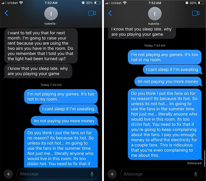 Text message exchange with a landlord about rent increase due to air conditioner use.