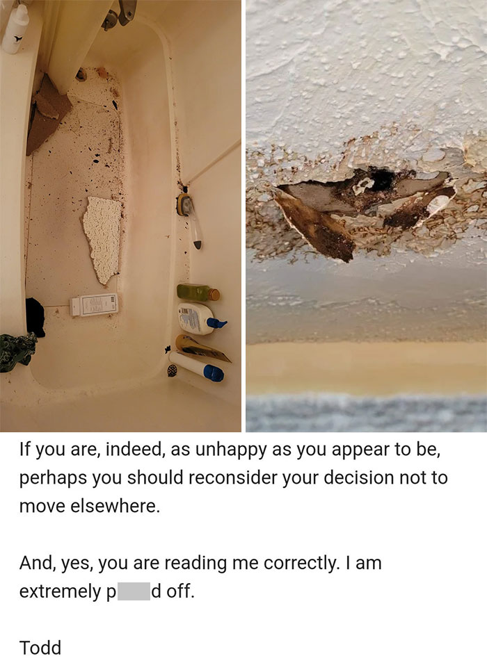 Damaged bathtub with peeling paint and moldy ceiling, illustrating tenant issues with landlords.
