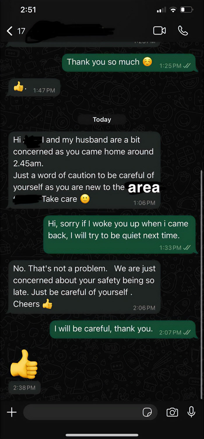 Chat about landlord concerns over tenant's safety after a late-night return.