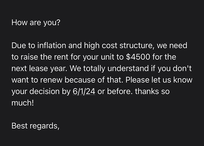 Text from a landlord increasing rent to $4500 due to inflation. Decision needed by 6/1/24.