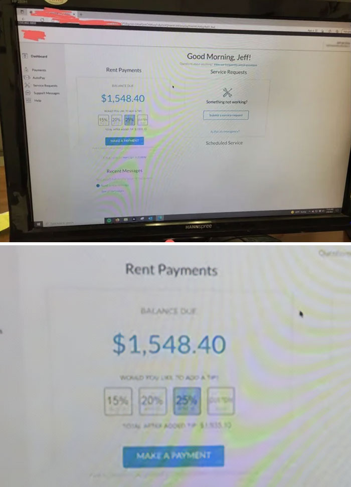 Computer screen showing a rent payment portal with a balance of $1,548.40, related to a story about landlords.