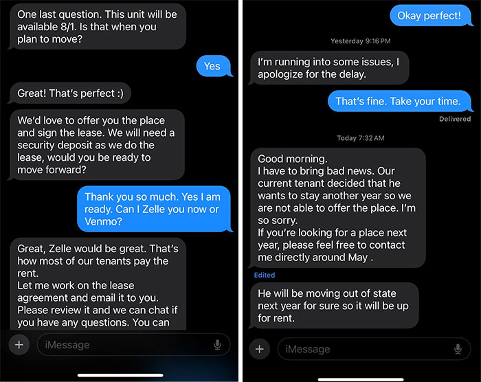 Text exchange illustrating a frustrating experience with a landlord about securing a rental property.