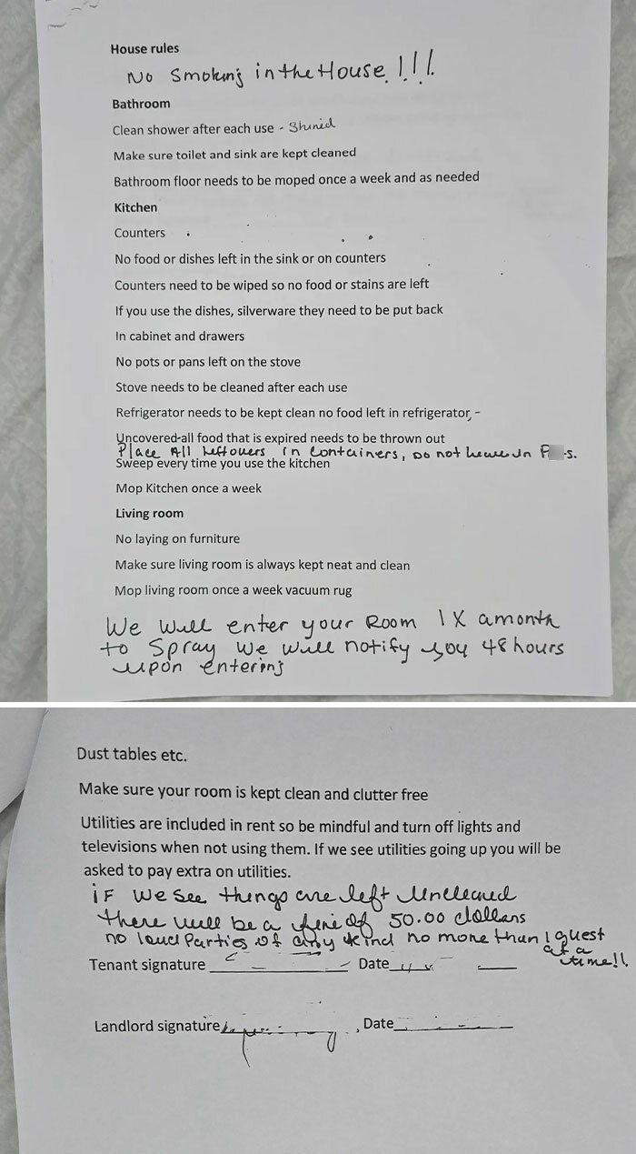 List of strict house rules from a landlord, including cleaning and no smoking policies.