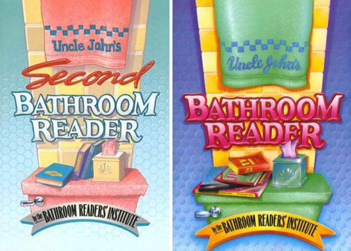 "Uncle John's Bathroom Reader books on colorful backgrounds, featuring vibrant covers."