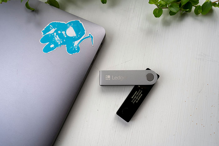 A Ledger hardware wallet next to a laptop adorned with a blue sticker, on a white desk, with plants nearby.