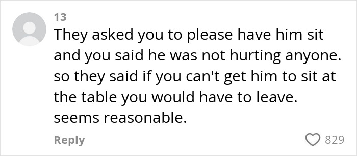 Comment on entitled mom and restaurant seating issue, with user stating situation seems reasonable.