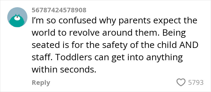 Comment criticizing parents who let toddlers roam in restaurants for safety reasons.
