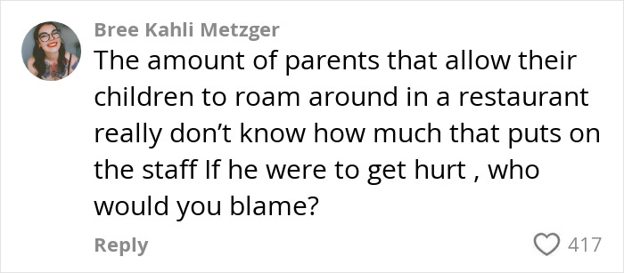 Comment on restaurant staff challenges with roaming toddlers.