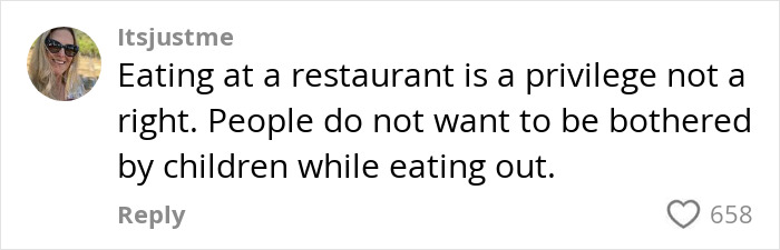 Comment about entitled mom in a restaurant, highlighting dining etiquette with children.