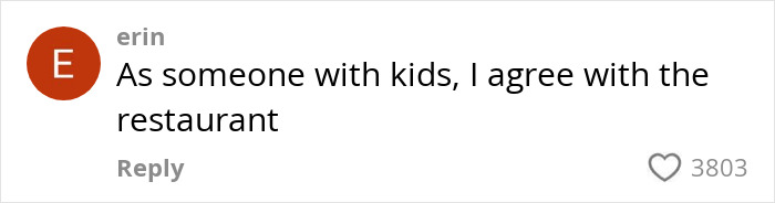 Comment supporting restaurant's decision about toddler behavior, with 3803 likes.